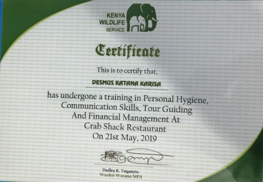 Certificato Kenya Wildlife Service: formazione su igiene personale, comunicazione, tour guiding e gestione finanziaria, maggio 2019